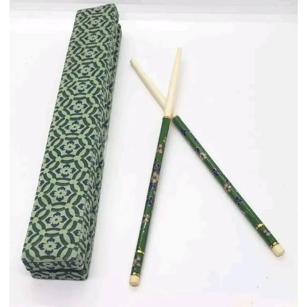 New Old Stock Vintage Cloisonne Chopsticks GREEN floral enamel with box